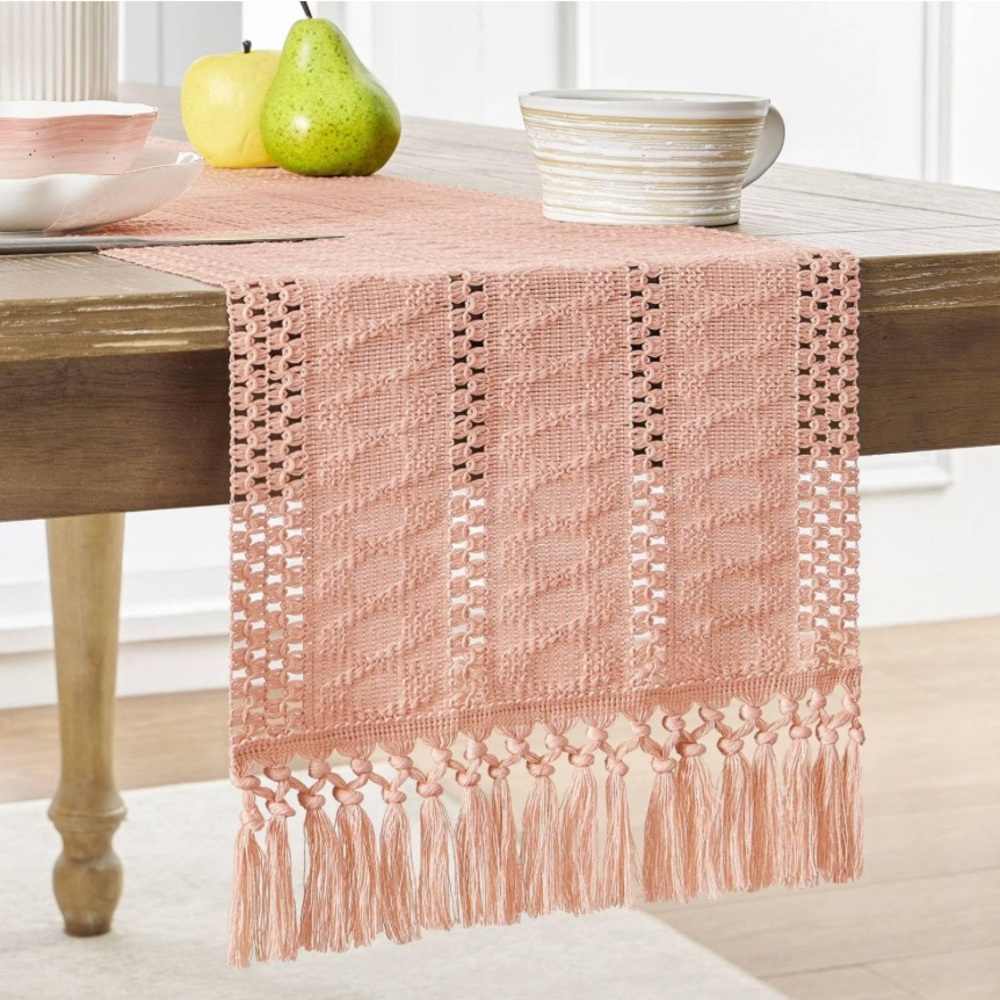 Pink Macrame BOHO Crochet Table Runner with Fringe